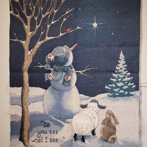 "Do you see what I see" Tapestry Snowman Sheep Rabbit Star Snowscape